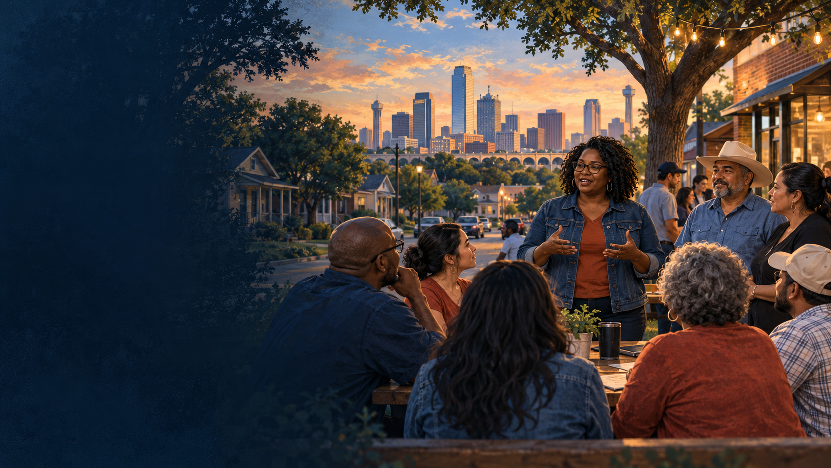 Illustration of East Fort Worth neighbors gathered for a community conversation with the Fort Worth skyline in the distance